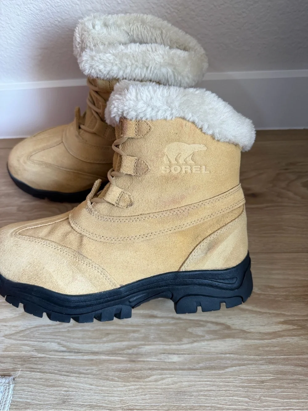 Sorel Tan Suede Winter Boots with Cream Faux-Fur Cuff